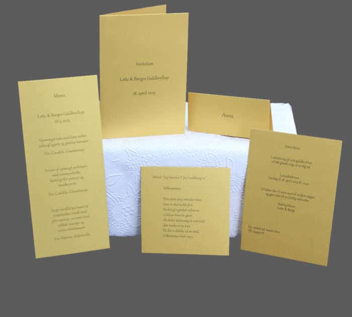 guldbryllup - invitation, menukort, bordkort, velkomstsang - påtrykt tekst