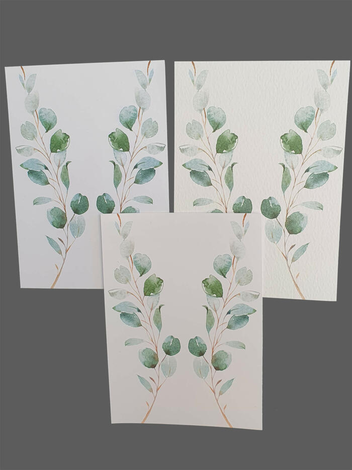 Invitationer med eucalyptusgrene - printet på 3 slags karton