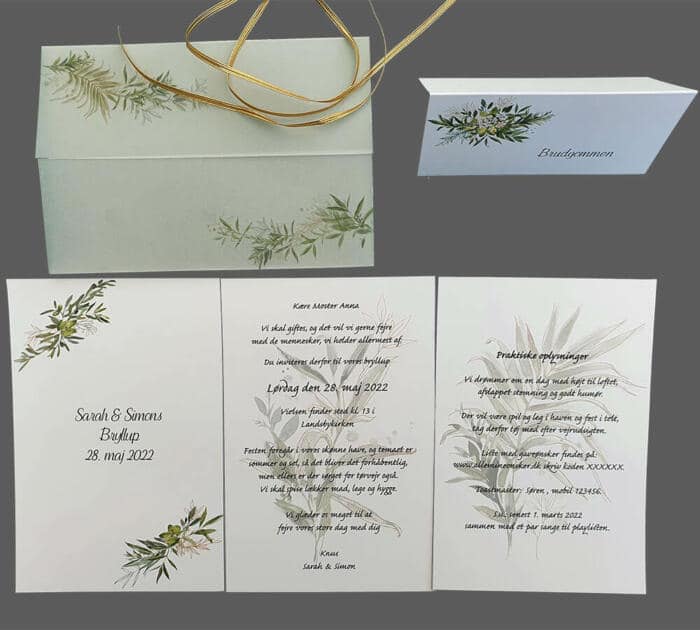 Invitation med vellum og bordkort med grønne blade