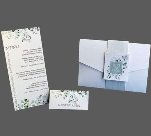 Invitation, menukort og bordkort med eucalyptus