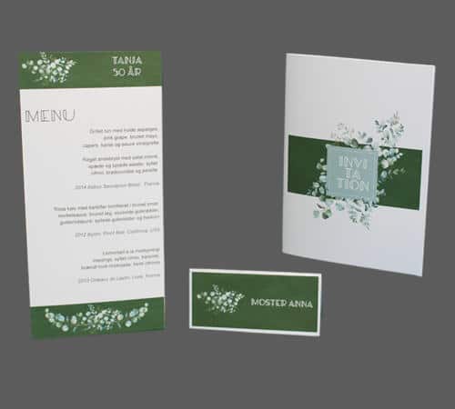 Invitation, bordkort og menukort med eucalyptusblomster