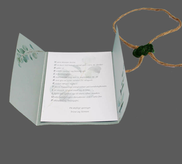 invitation indsat i vellum med eucalypts, Sejlgarn med grønt segl