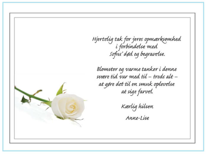 Takkekort ved begravelse med hvid rose