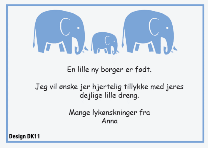 Barnedåbskort med lyseblå elefanter