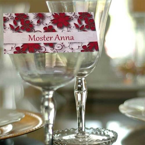 Bordkort med grafiske blomster i pink på hvid baggrund